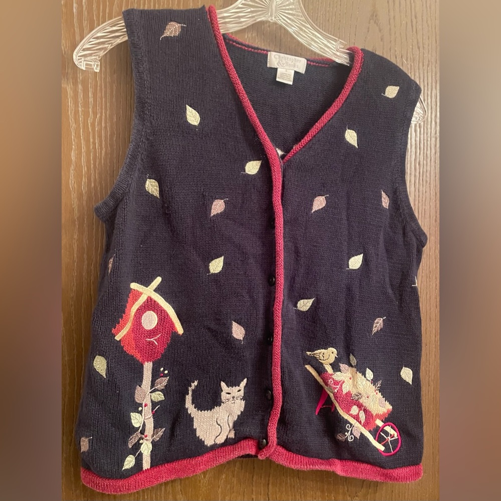 Christopher & Banks Vtg 2002 Fall Embroidered Vest Cats Birds Women Sz-S